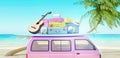 Pink Van with luggage ready for summer vacation 3D Render Royalty Free Stock Photo