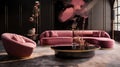 Pink velvet sofa in a luxurious living room interior with molding on pink walls and retro design Royalty Free Stock Photo