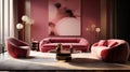 Pink velvet sofa in a luxurious living room interior with molding on pink walls and retro design Royalty Free Stock Photo