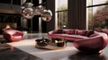 Pink velvet sofa in a luxurious living room interior with molding on pink walls and retro design