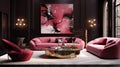 Pink velvet sofa in a luxurious living room interior with molding on pink walls and retro design Royalty Free Stock Photo