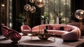 Pink velvet sofa in a luxurious living room interior with molding on pink walls and retro design Royalty Free Stock Photo