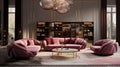 Pink velvet sofa in a luxurious living room interior with molding on pink walls and retro design Royalty Free Stock Photo