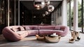 Pink velvet sofa in a luxurious living room interior with molding on pink walls and retro design Royalty Free Stock Photo