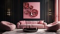 Pink velvet sofa in a luxurious living room interior with molding on pink walls and retro design Royalty Free Stock Photo