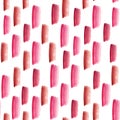Pink vertical watercolor stripes on white background, abstract gradient brush strokes. Seamless pattern. Jagged hand-painted spots