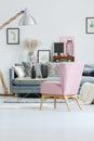 Pink vintage armchair in room