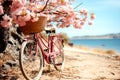 pink vintage bicycle with baskets with flowers stands on the beach outdoors. romantic greeting card