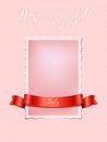 Pink vintage card with red ribbon isolated on pink background and It`s a girl text. Vector pink newborn card template.