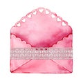 Pink vintage envelope with lace and hearts decoration. Close-up watercolor illustration isolated on white background Royalty Free Stock Photo