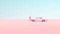 Pink Vintage Muscle Car Desert Sand Blue Sky Sunny Road Trip Woman in Pink Swimsuit Rest Break Isolated Driving Pastel