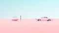 Pink Vintage Muscle Car UFO Flying Saucer Encounter Desert Sand Sunny Blue Sky Roswell New Mexico Incident Concept