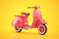 Pink vintage scooter, motor bike or moped on yellow background