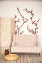 Pink vintage sofa and screen in rustic style. Interior of a bright Scandinavian living room with flowers on the wall Royalty Free Stock Photo