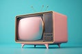 Pink vintage TV with a gold antenna on a blue background. Retro television set with a blank screen. Generated by AI