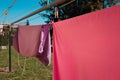 Pink and violet bed sheets hanging on a drying rack in the garden Pesaro, Italy Royalty Free Stock Photo