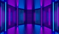 Pink violet blue neon room abstract background. Ultraviolet podium decoration empty stage. Glowing wall panels. Night club Royalty Free Stock Photo