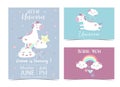 Pink violet hand drawn postcard with star,cloud,heart,unicorn and rain