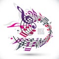 Pink and violet music background with clef and notes.