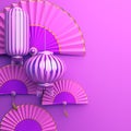 Pink violet pastel chinese paper fan, lampion lantern. Royalty Free Stock Photo