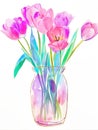 Pink violet Tulips in a glass vase watercolor illustration Royalty Free Stock Photo