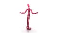 pink violet wooden man toy in incomprehensible position is spinning on white background. concept of unrecognizable
