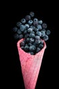 Pink wafer cone with frozen blueberry fruits. Ice cream