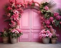 pink wall background with scenic door, Barbie style, Barbie backdrop, floral garland with pink and fuchsia flowers,