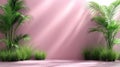 Pink wall background with sunlit green tropical plants Royalty Free Stock Photo