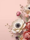 Pink wall with floral arrangement on it. The floral display includes several white and red flowers, as well as some