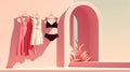 Pink wall with hanging clothes and archway