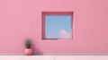 Ethereal Cloudscape: Pink Wall With Minimalist 1980s Window And Quirky Plant