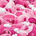 Pink wallpaper with wavy lines and clouds in intricate psychedelic style (tiled)