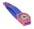 Pink watch with a purple stripe. Wristwatch on a white background