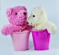 Pink water bucket and cute white/wjite bear Royalty Free Stock Photo