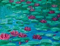 Pink Water lilies, oil painting. Royalty Free Stock Photo