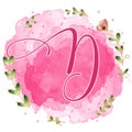 Pink watercolor alphabet letter D with floral and leaves round frame