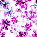 Pink Watercolor Background. Vanilla Flower Background. Blue Seamless Leaf. Purple Hibiscus Design. Pattern Decor. Tropical Paintin