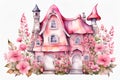 Pink watercolor cute house. Fairytale gnome house white with pink roof among flowers