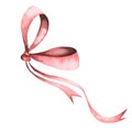 Pink watercolor elegant bow. Knotted thin ribbon in vintage style. For designing cards and invitations for weddings