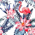 Pink watercolor flamingo and blue palm leaves tropical seamless