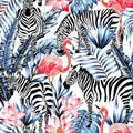 Pink watercolor flamingo, zebra and blue palm leaves tropical seamless background