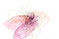 Pink watercolor flower with drops and doodle gold line elements. Abstract texture background