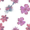 Pink Watercolor Foliage. Gray Flower Decor. Purple Seamless Textile. Vanilla Hibiscus Decor. Pattern Foliage. Tropical Textile.Fas