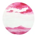 Pink watercolor illustration montain sea and clounds circle round Royalty Free Stock Photo