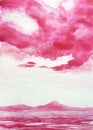 Pink watercolor illustration montain sea and clounds