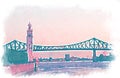 PInk watercolor of a Montreal bridge