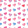 Pink watercolor painted hearts seamless pattern. Vector illustration.