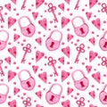 Pink watercolor set of elements for Valentine\'s Day, lock with key, hearts. Seamless pattern