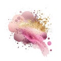 Pink watercolor splash splatter stain brush strokes with gold glitter on white background. Modern aquarelle spot. Trendy isolated Royalty Free Stock Photo